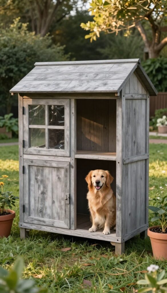 Repurposed wooden playhouse as rustic dog shed in backyard