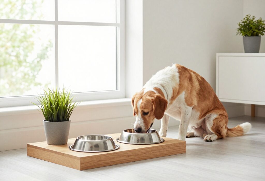 A stylish dog feeding station with a wooden elevated stand and stainless steel bowls in a bright, tidy room, with a happy dog waiting nearby.