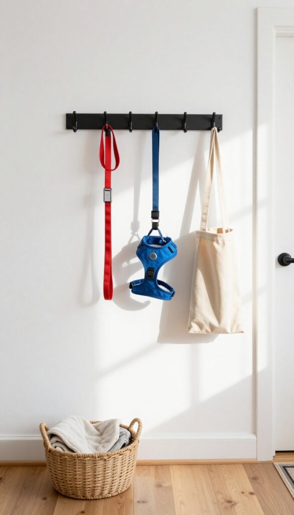A tidy entryway with wall-mounted hooks holding a dog leash, harness, and poop bag holder, with a woven basket on the floor.