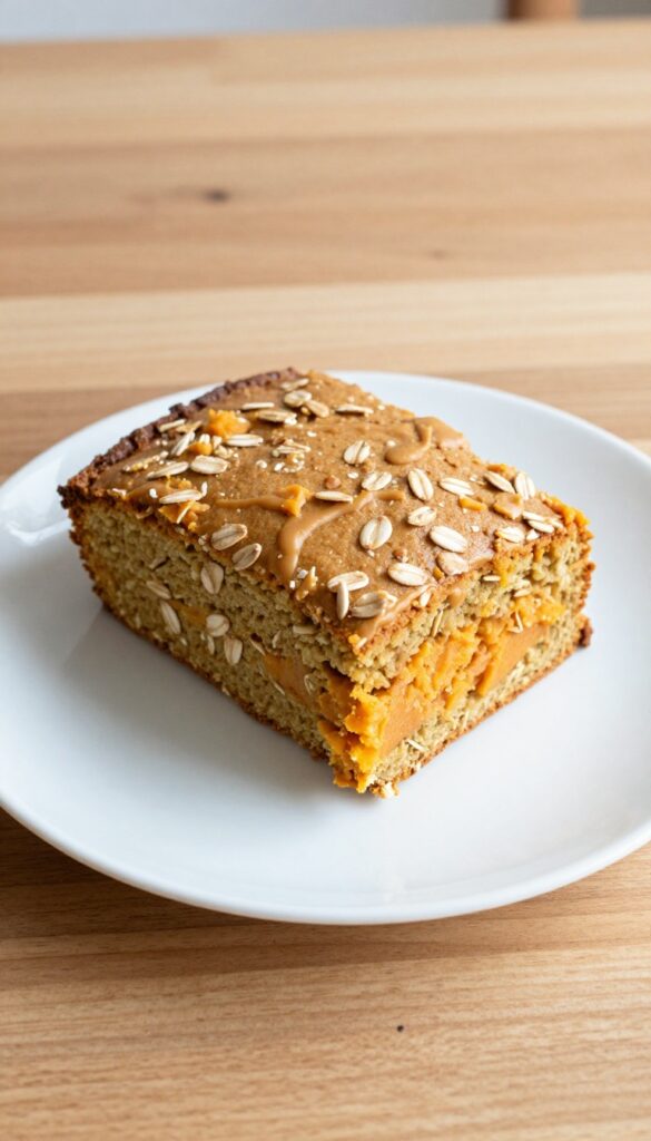 A slice of homemade sweet potato peanut butter dog cake on a plain white plate, showcasing its soft, chewy texture and natural ingredients for a dog recipe blog.