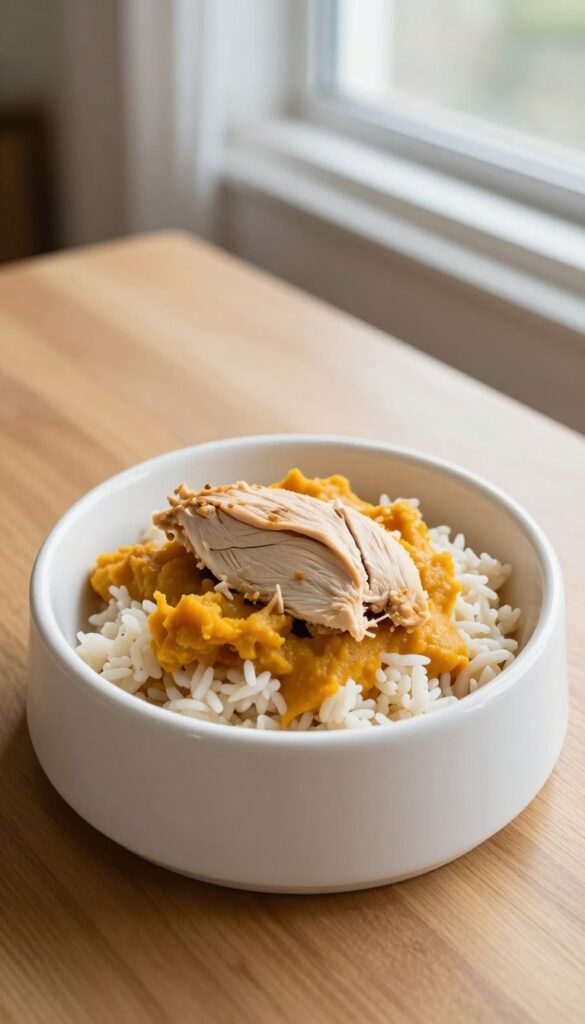 A homemade dog food bowl with shredded chicken, pumpkin puree, and rice, designed for digestive health, presented in a plain ceramic bowl on a wooden surface.