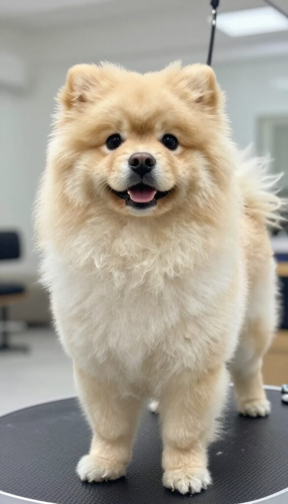 A long-haired dog with a lion cut grooming style, featuring a fluffy mane and shaved body, photographed in bright natural light for a dog grooming blog.