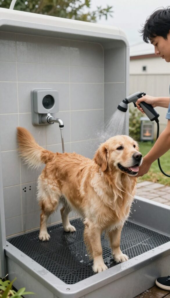 Heated outdoor dog washing station with a golden retriever being rinsed with warm water, steam rising, and a radiant heater nearby.