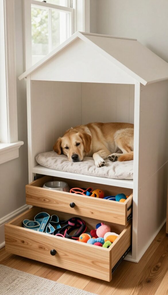 Under-stairs dog crate with pull-out storage drawers in a bright, cozy home interior.