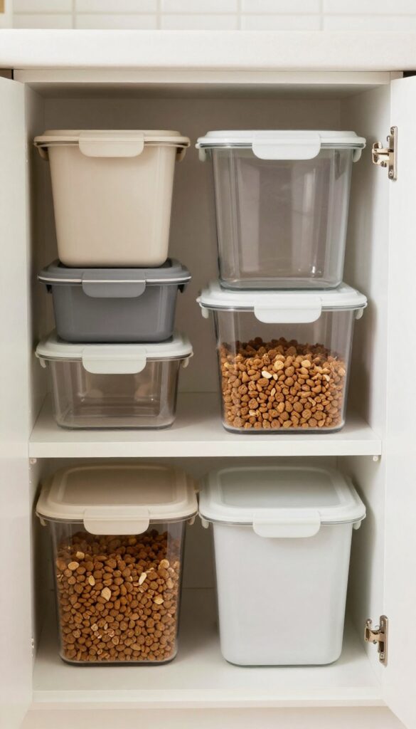 Modular airtight dog food containers with customizable lids arranged in a modern kitchen pantry, demonstrating flexible storage for pet food.