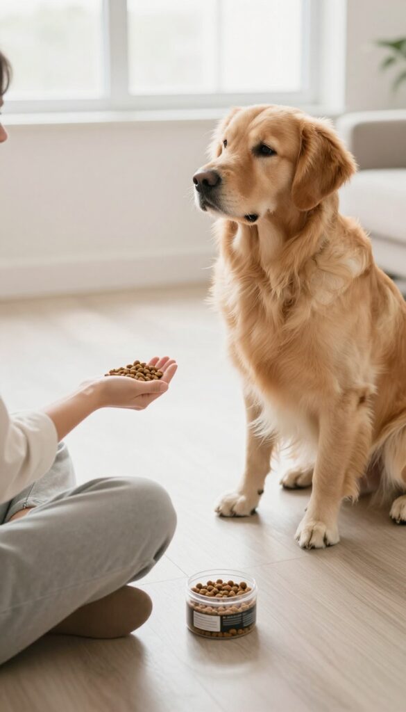 Person using kibble to train a dog to stay during feeding time, with natural light and minimal home setting.