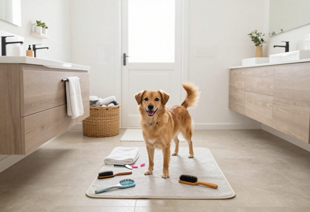 A dog grooming setup at home with a happy dog on a non-slip mat, featuring organized tools and towels in a bright, inviting space.