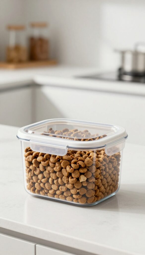 Airtight container with dog food on a kitchen counter, showcasing pet food storage in a modern home.