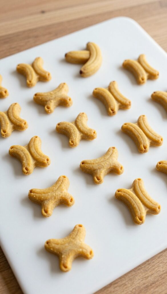 Close-up of small, homemade banana and honey dog treats for puppies, baked to a golden-brown finish, arranged on a plain baking sheet in a clean, natural light setting.