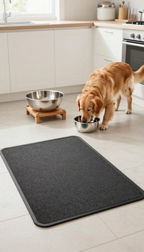 Dog eating from elevated bowls on non-slip mat in bright kitchen