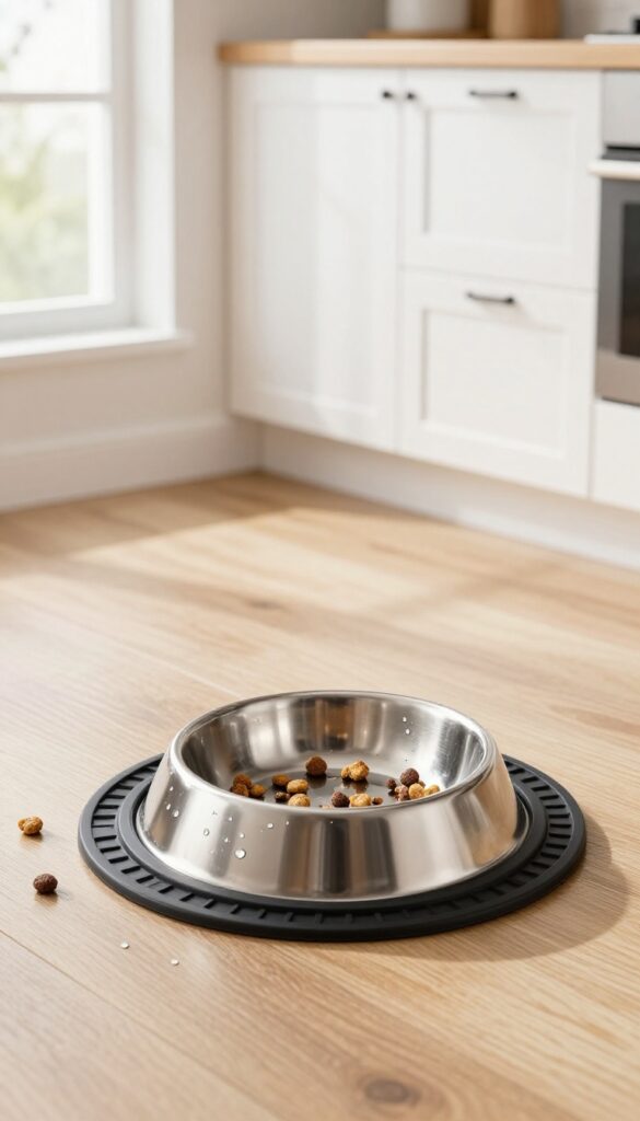A dedicated dog feeding station with raised bowls on a non-slip mat in a bright kitchen