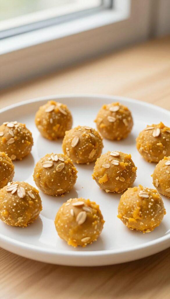 Close-up of homemade pumpkin oat no-bake dog treat balls on a plain white plate, showcasing soft texture and natural ingredients in bright light.