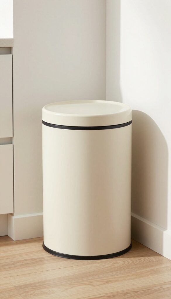 A decorative trash can used for dog food storage in a bright pantry corner, showcasing a discreet and practical storage idea.