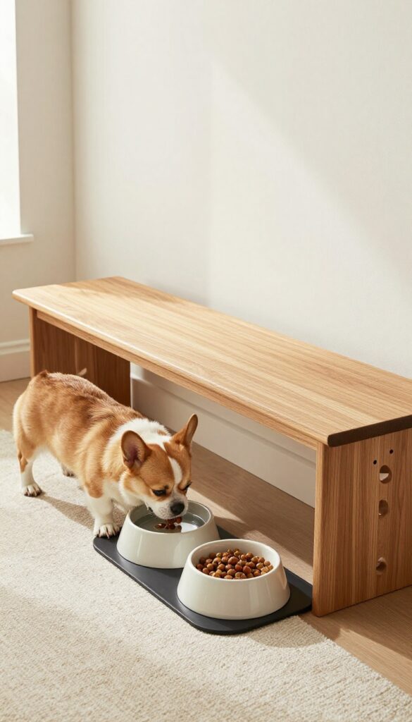 A stylish wooden bench with built-in dog bowls in a bright modern living room, with a small dog eating from one bowl.