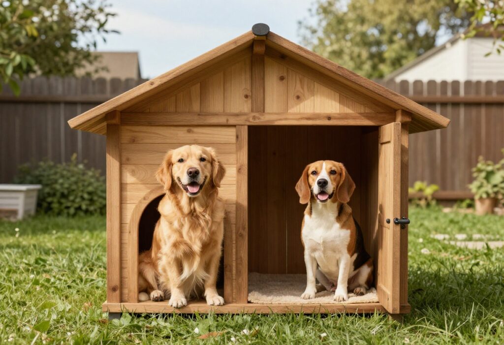 Two dogs sharing a spacious wooden dog house in a sunny backyard.