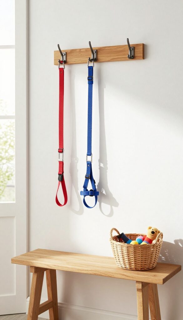 Entryway with hooks holding dog leashes and harness, organized and tidy