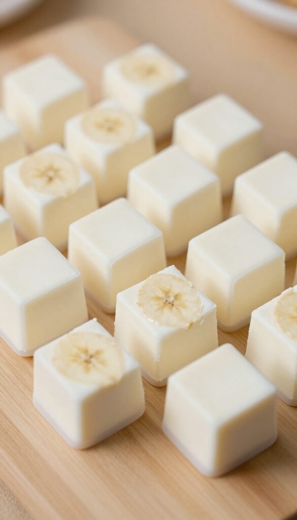 Frozen yogurt sourdough cubes for dogs in a silicone mold, showing creamy texture with banana swirls, on a plain wooden surface in natural light.