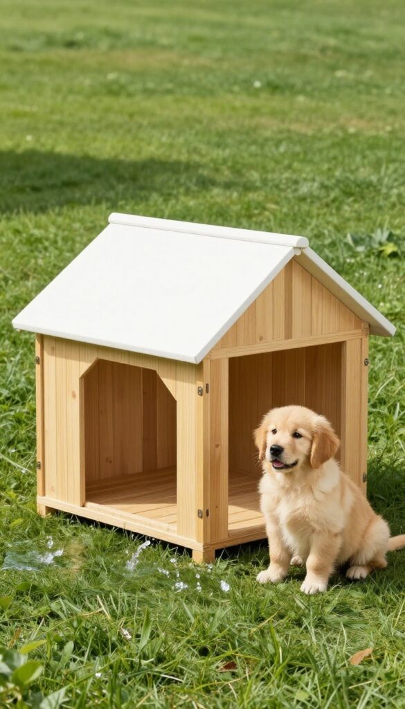 Dog house with removable floor tray being washed with a hose in a sunny backyard