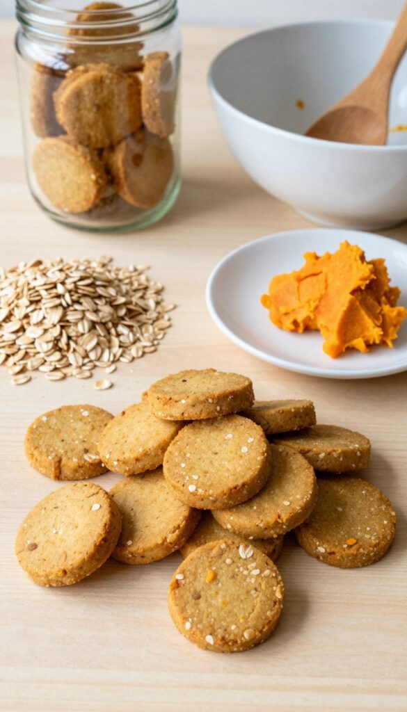 Homemade sweet potato and oat puppy biscuits for dog training treats, arranged on a wooden surface with natural ingredients like oats and mashed sweet potato, in a bright, clean kitchen setting.