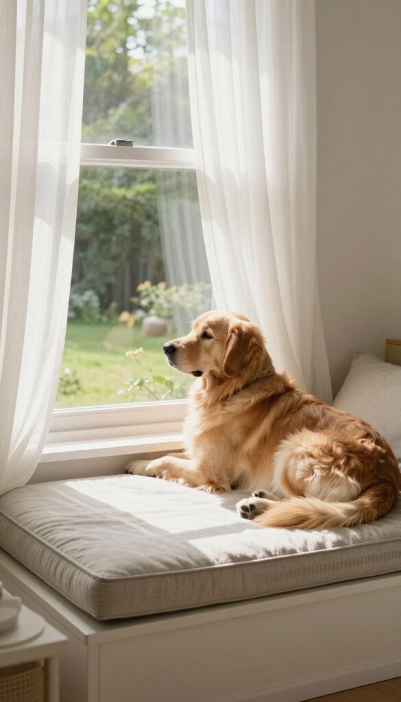 Dog lounging on a cushioned window perch with a view of the garden.