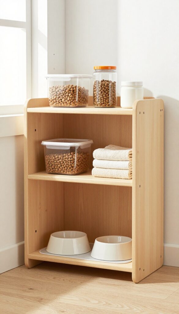 Dog feeding station with built-in shelves, bowls, and organized pet supplies in a bright kitchen