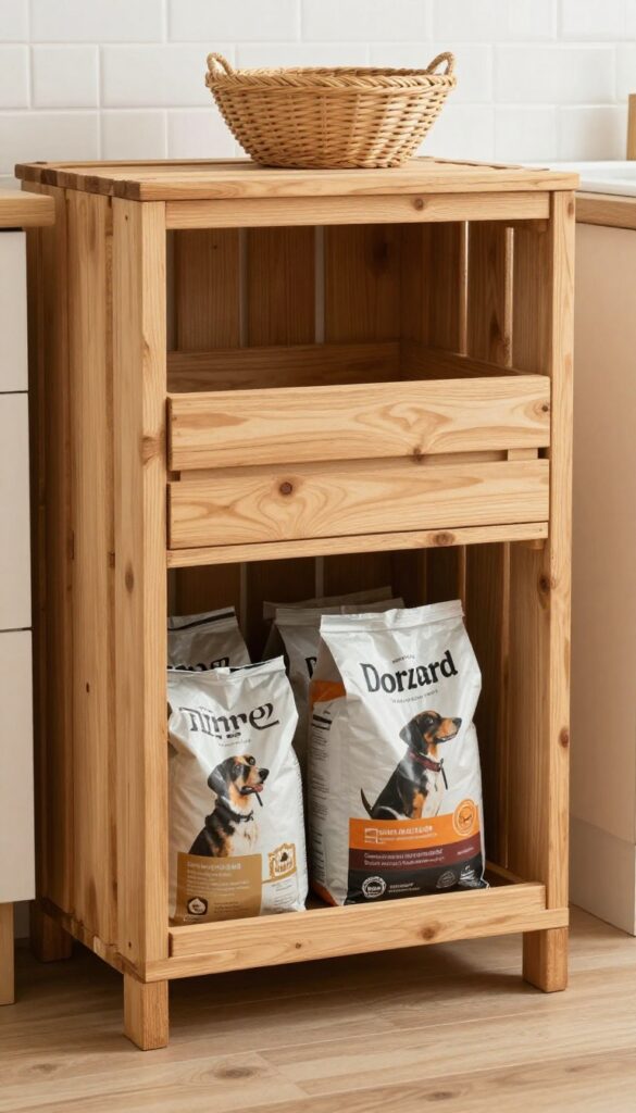 A rustic wooden crate used for dog food storage in a bright kitchen setting, highlighting durability and organization with a farmhouse aesthetic.