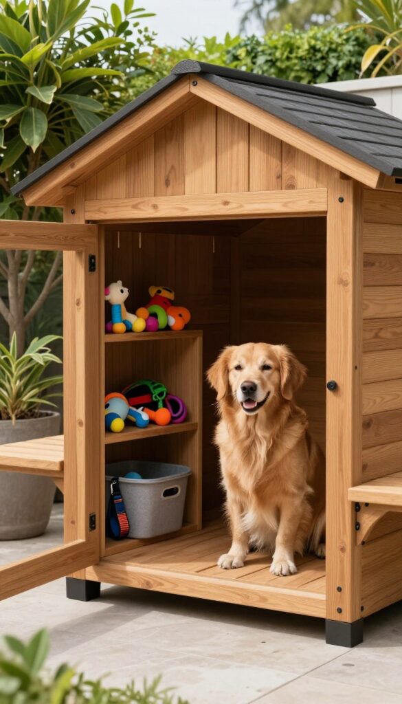 Modern wooden dog house with built-in storage bench on patio, organized toys and leashes inside, golden retriever sitting beside it