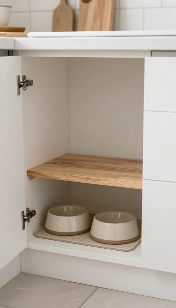 A built-in shelf inside a kitchen cabinet at dog height, featuring two empty bowls on a non-slip mat, designed for comfortable feeding with bright natural lighting and a clean, organized aesthetic.