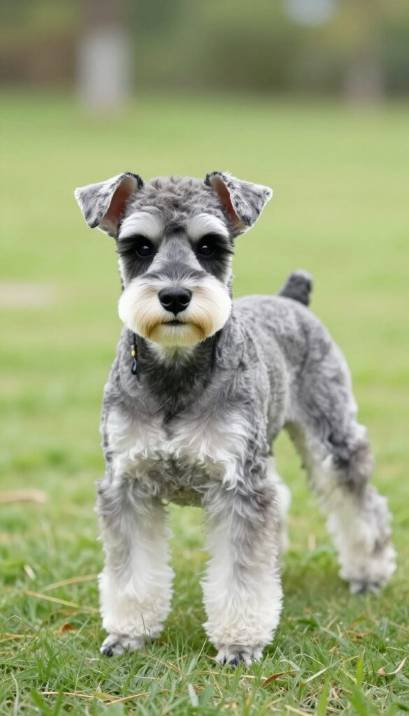 A Schnauzer with a light and breezy summer haircut in natural sunlight, illustrating comfort and practicality for hot weather.