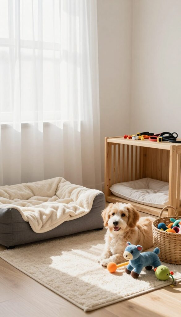 A spare room turned into a neat and calm dog suite with bed, crate, toy bin, and supply storage in an organized space.
