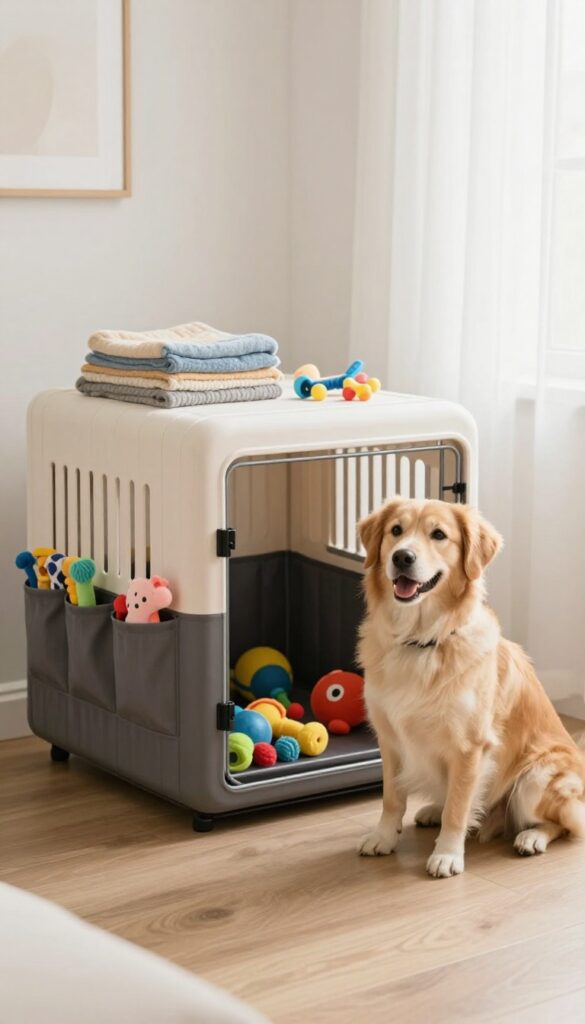 A dog crate with built-in storage compartments in a tidy living room, showcasing organized dog supplies like toys and blankets.