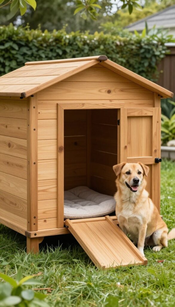 Dog house with slide-out tray for easy bedding cleaning