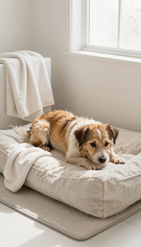 A cozy resting spot for a dog in a laundry room after a bath, with a soft bed and towel in natural light.