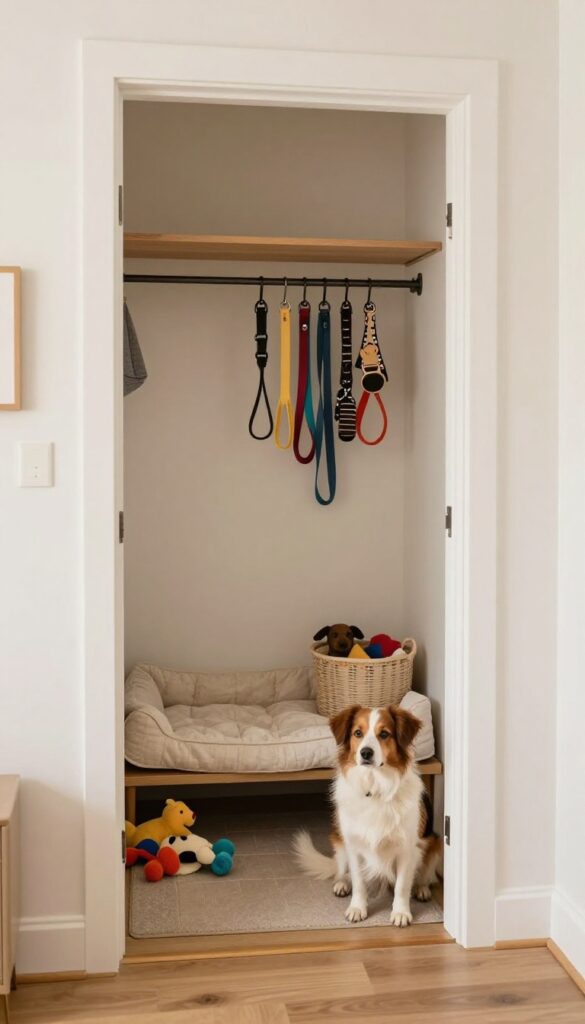 Repurposed linen closet as a cozy dog den with bed, toys, and hanging leashes.