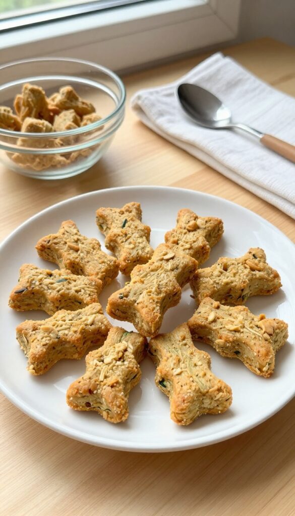 Homemade turkey zucchini crunch bites for dogs, small golden-brown treats on a white plate with natural light, suitable for a dog recipe blog section on hypoallergenic treats.