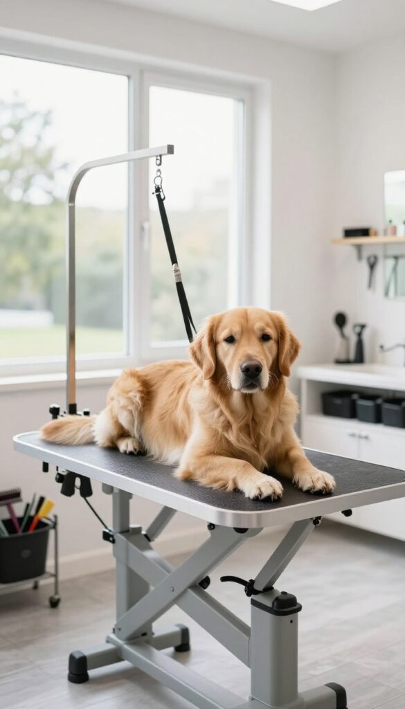 A calm Golden Retriever lying on an adjustable padded grooming table in a bright salon with nearby tools.