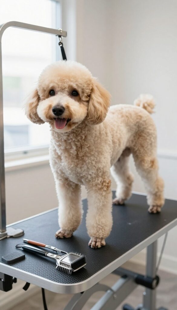 A poodle calmly standing on a grooming table during a face-trimming session in a well-lit room, showcasing a stress-free grooming setup with tools nearby.