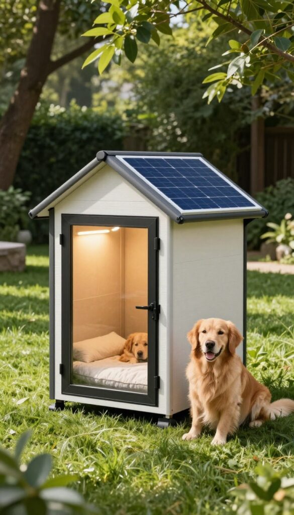 Solar-powered heated dog house with solar panel on roof, glowing interior light, and golden retriever inside