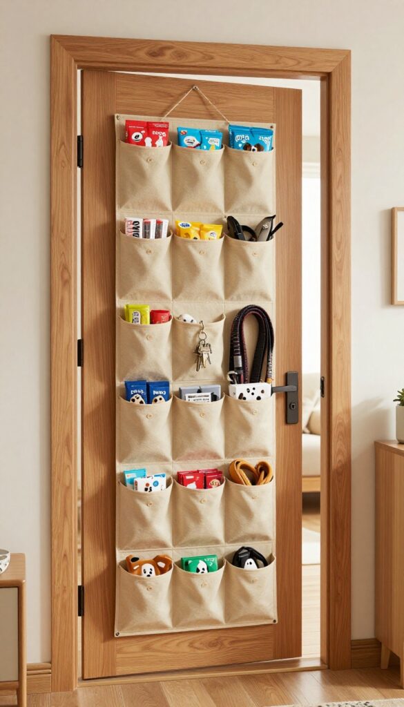 A hanging door pocket organizer on a wooden door, filled with dog accessories like poop bags and leashes in a bright, tidy entryway.