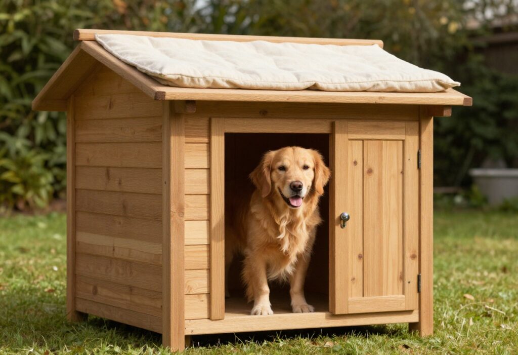 A golden retriever peeking out of a handmade wooden dog house in a sunny backyard.