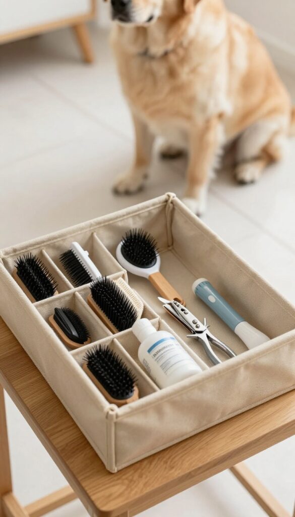A storage caddy filled with organized dog grooming tools on a table, with a calm dog in the background, showcasing an efficient home grooming setup.