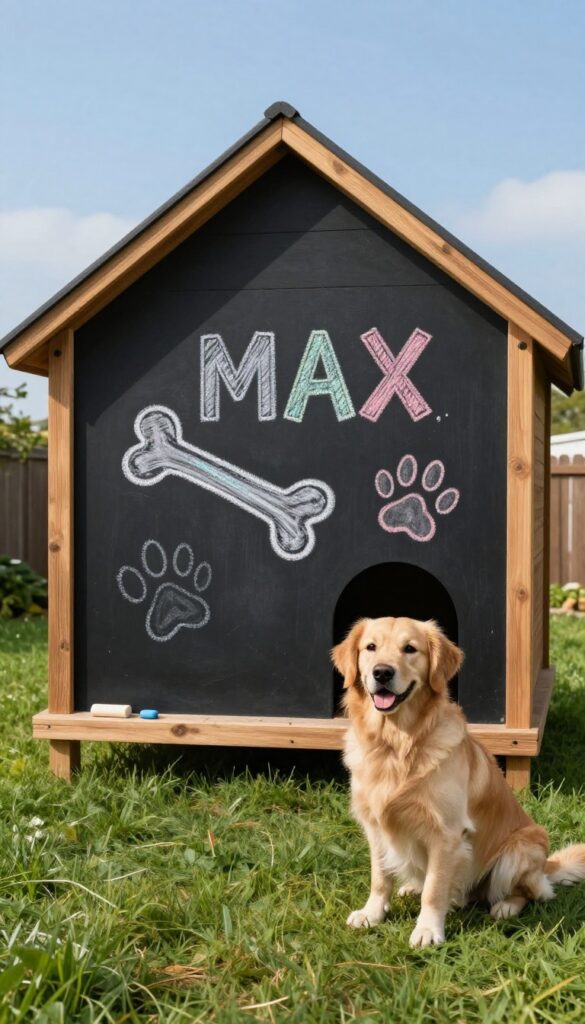 Dog house with chalkboard paint side featuring colorful chalk art and a golden retriever in sunny backyard