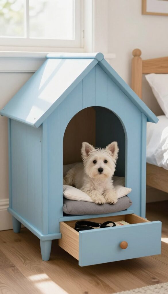 Converted nightstand dog house with arched entrance and plush bed in a bright bedroom