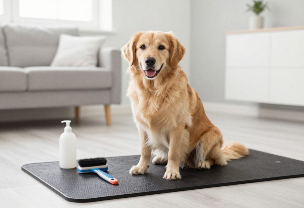 A content dog in a home grooming setup with tools organized on a mat, showcasing easy at-home grooming.