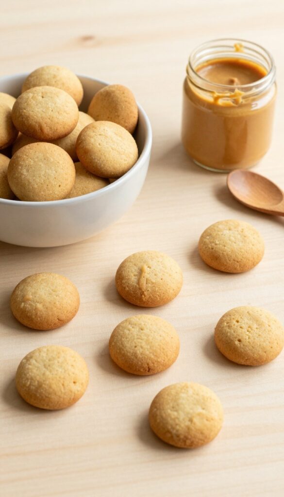 Homemade peanut butter oat dog biscuits in a bowl with a jar of peanut butter and a wooden spoon, showcasing easy pantry-ingredient treats for dogs.