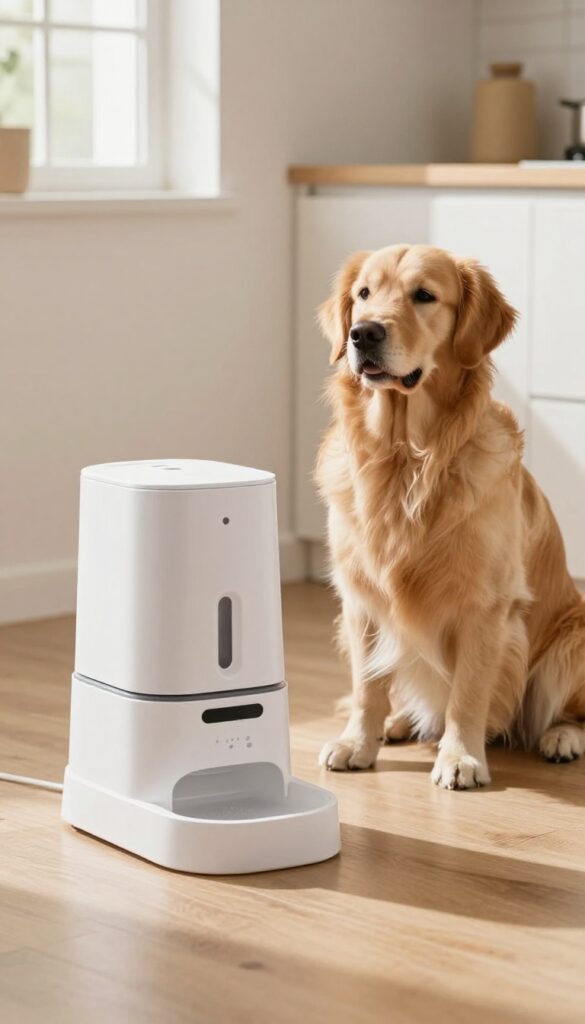 A golden retriever sitting calmly near an automatic dog feeder in a bright, clean kitchen setting.