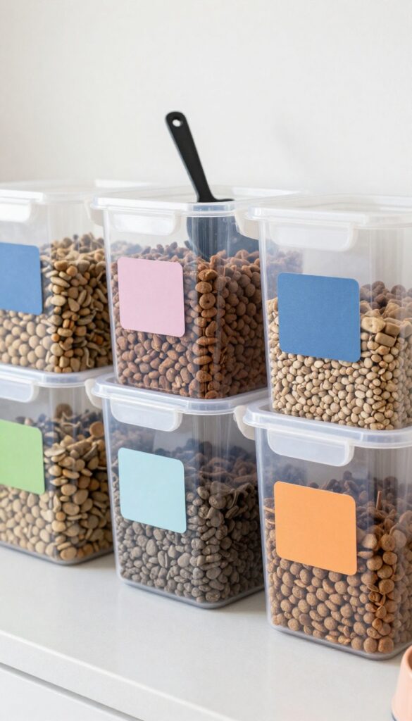 Clear labeled storage bins with dog food on a kitchen counter for organized feeding in multi-dog households