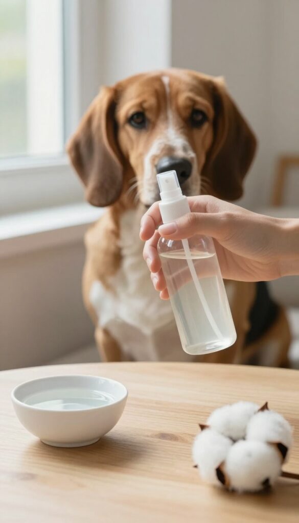 A homemade ear cleaning solution for dogs, showing a spray bottle with vinegar and water on a wooden surface alongside grooming supplies, with a Basset Hound in natural light