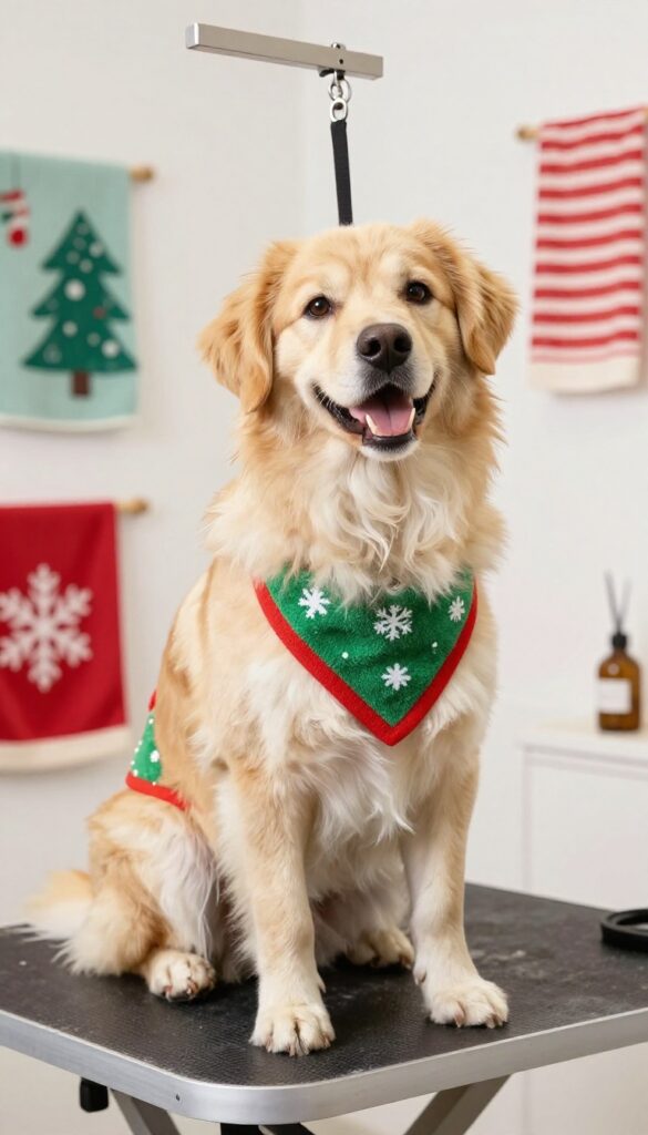 A dog with a holiday-themed grooming trim in a festive station, showcasing seasonal grooming specials for pet owners.