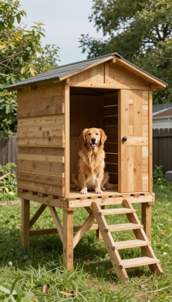 Elevated pallet dog house with deck in a rustic yard, a golden retriever sitting on the deck.